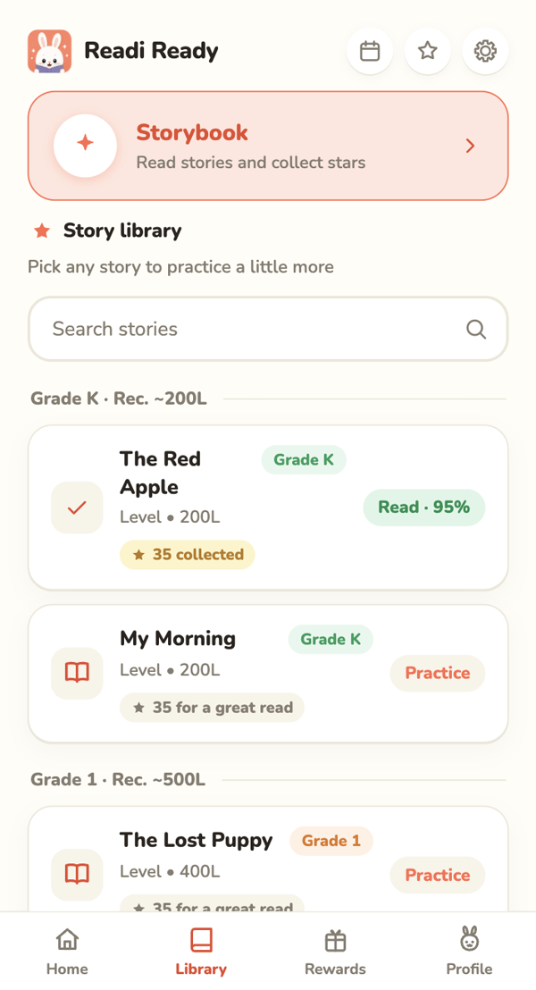 Story library: stories grouped by grade with recommended levels