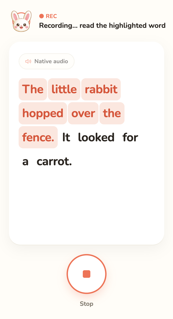 Read screen: the sentence to read aloud, with the record button below it
