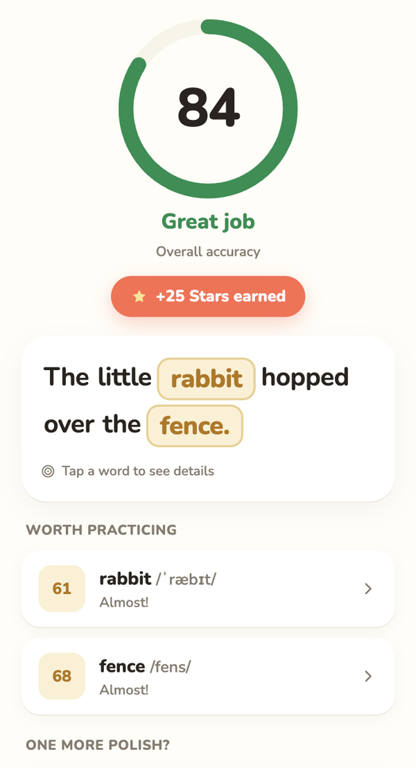 Result screen: overall accuracy 84, the words rabbit and fence flagged, and a worth-practicing list