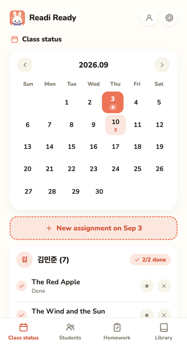 Teacher assignment status: today's due assignments and each student's completion